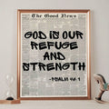 Psalm 46:1 wall art styled above neutral living room furniture