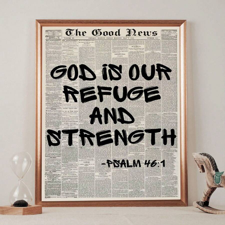 Psalm 46:1 wall art styled above neutral living room furniture