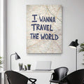 Map wall art above desk in bright workspace with travel quote typography print