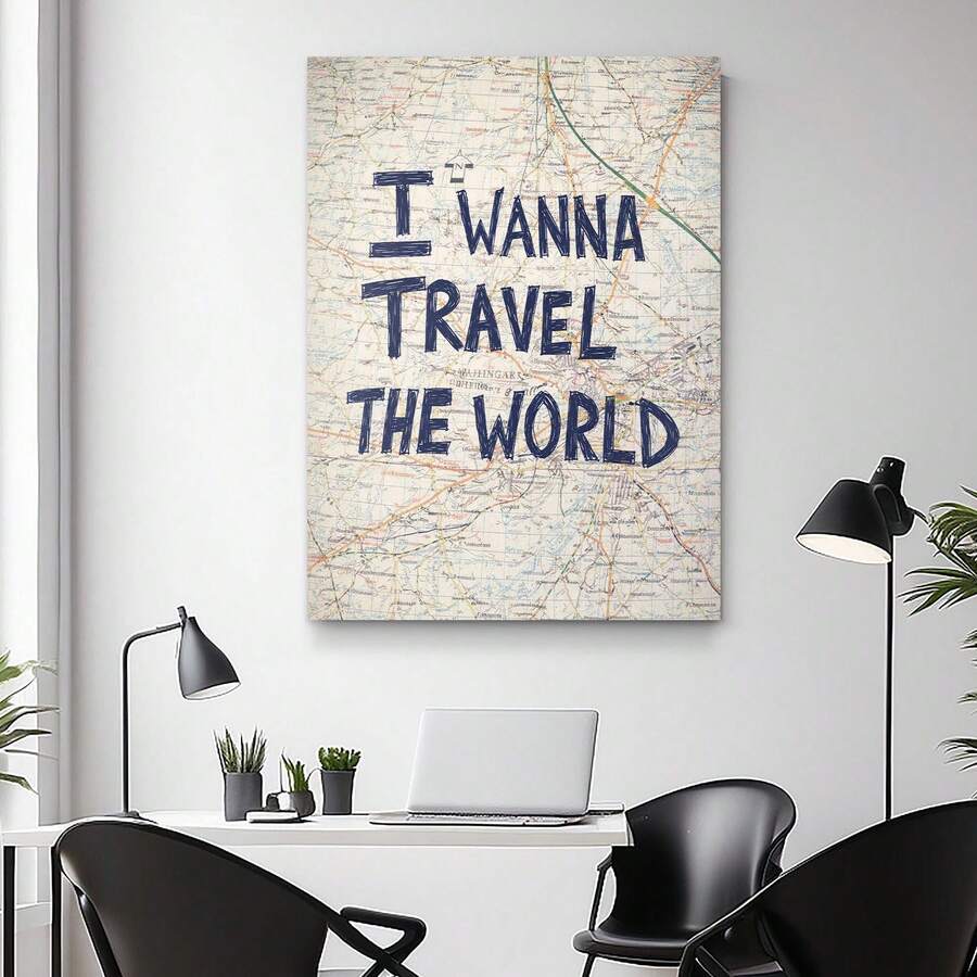 Map wall art above desk in bright workspace with travel quote typography print