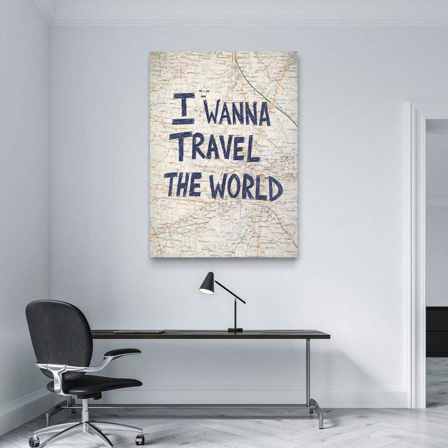 Typography print in minimalist office with vintage map design and travel quote