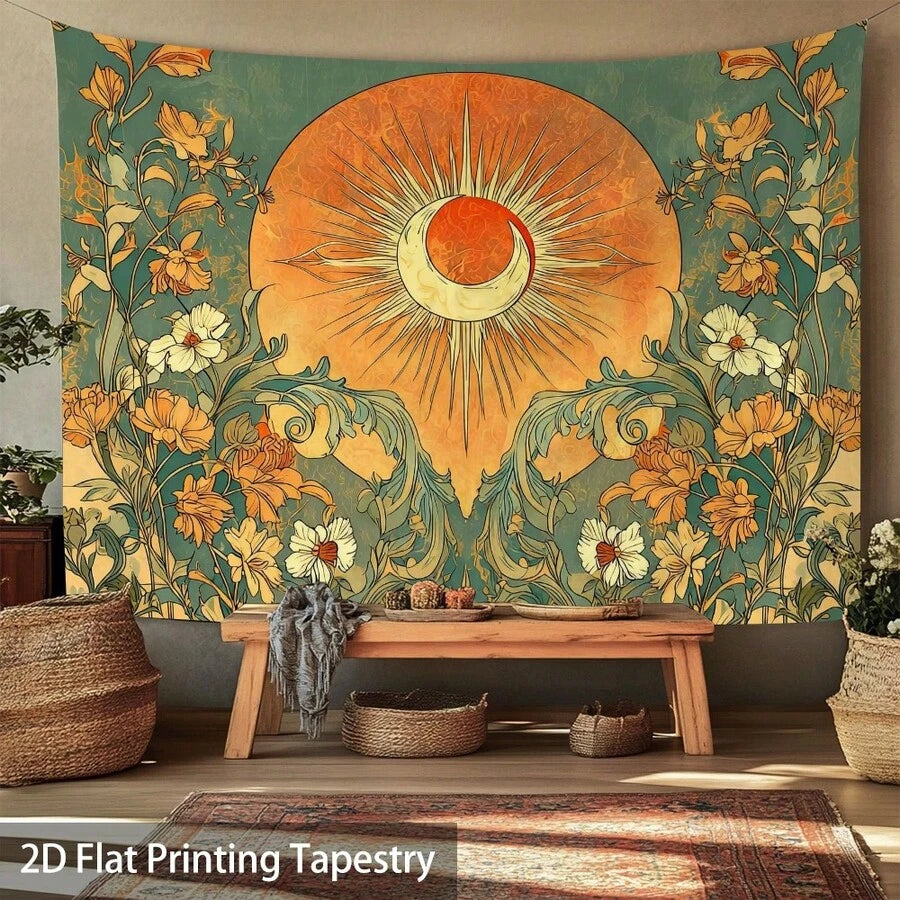 Bohemian celestial sun and moon floral tapestry with sage green and burnt orange border