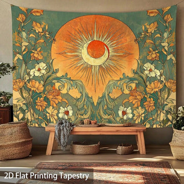 Bohemian celestial sun and moon floral tapestry with sage green and burnt orange border
