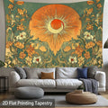 2D flat moon tapestry displayed above sofa in warm boho living room