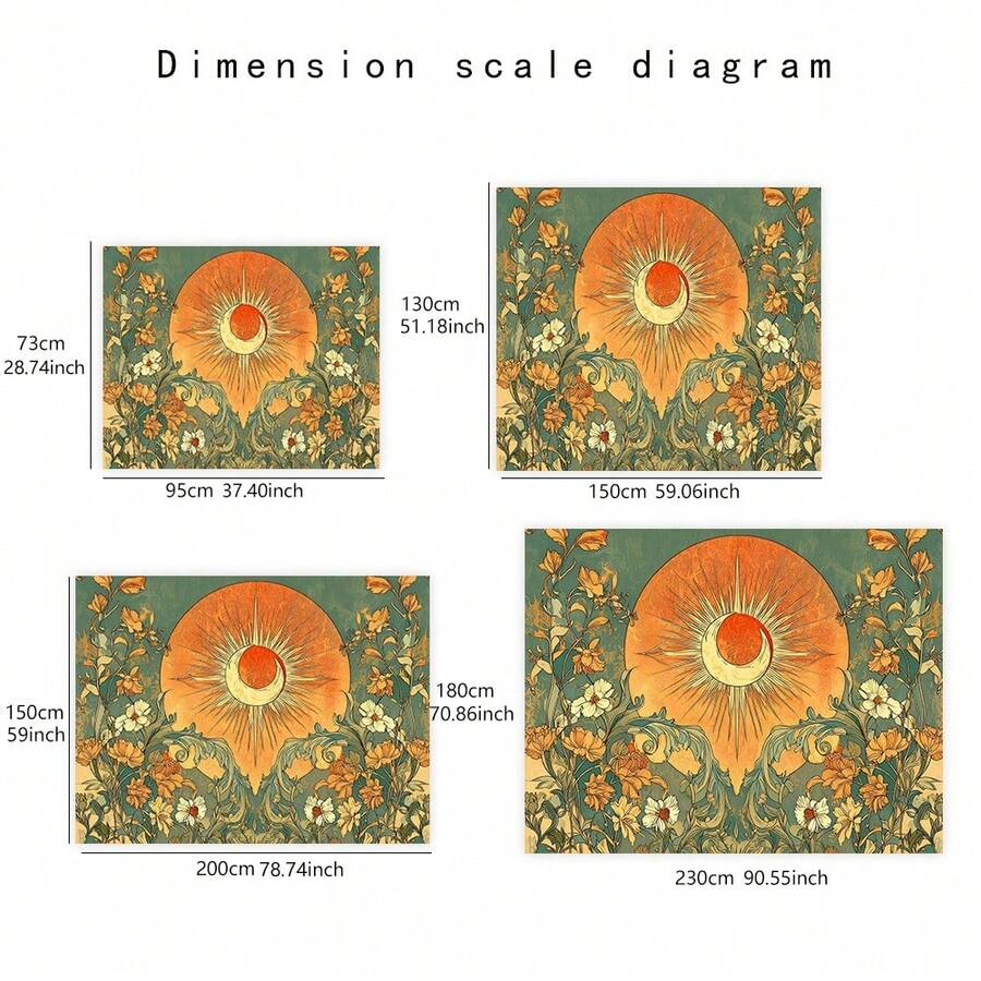 Colorful botanical celestial tapestry detail with crescent moon and muted gold accents