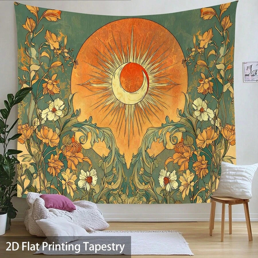 Celestial floral wall hanging shown above bed with botanical vines and sunburst