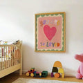 Playroom wall art with colorful hand-painted letters hot pink heart and green scalloped border