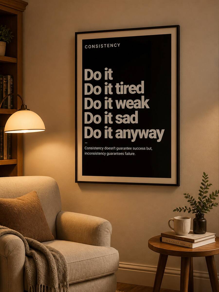 Black consistency quote poster mounted above armchair and side table in warm reading corner
