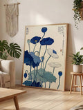Ukiyo-e wall art with blue lotus and Japanese calligraphy