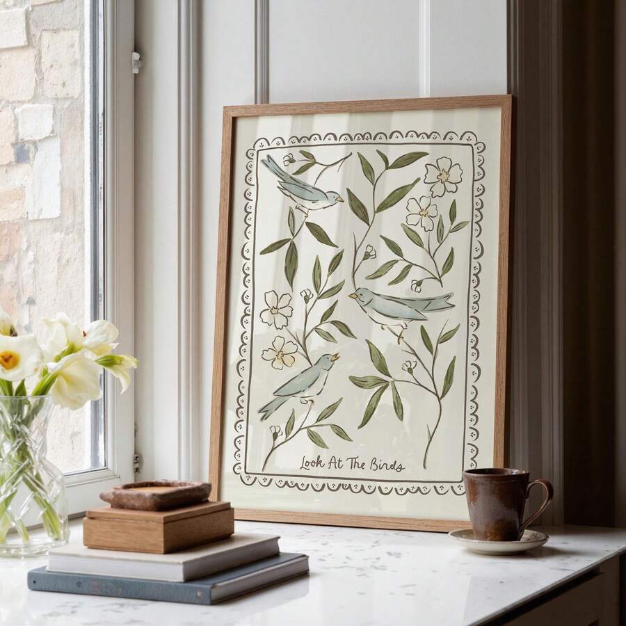Cottagecore bird art in natural wood frame