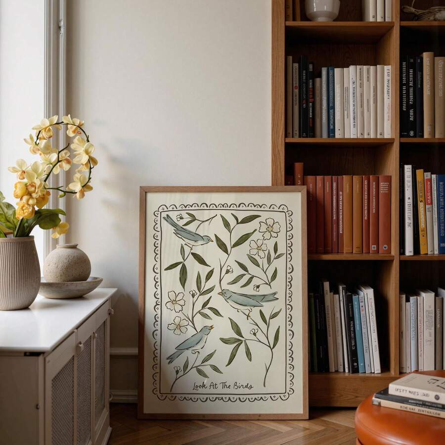 Folk art bird poster styled beside books and flowers