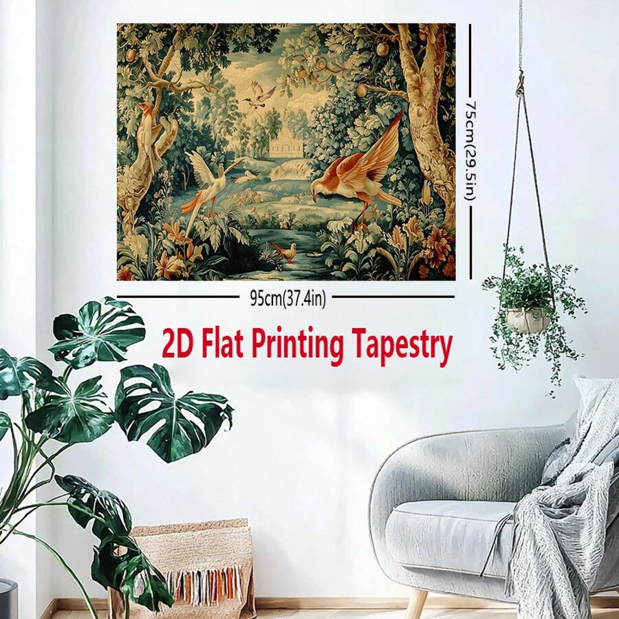 Vintage pastoral bird tapestry with garden trees flowers and distant building