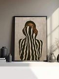 Abstract female silhouette Canvas poster featuring striped forms and delicate floral details. Perfect for modern bedrooms, studios, offices, and artistic decor.
