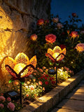 Solar flower light pair glowing in rose bed with amber petals and crackle glass globes