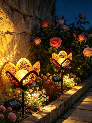 Solar flower light pair glowing in rose bed with amber petals and crackle glass globes