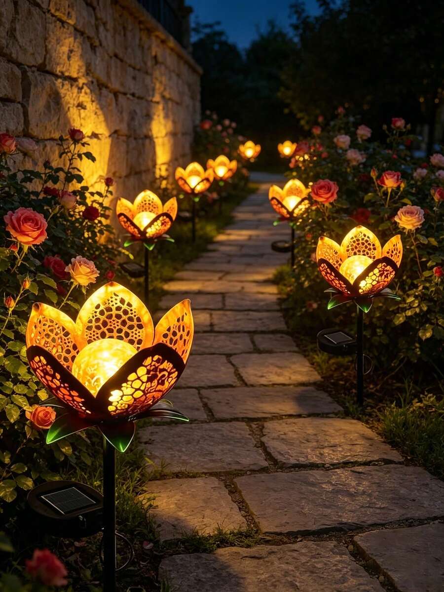 Outdoor pathway lights repeated along garden path with warm floral glow