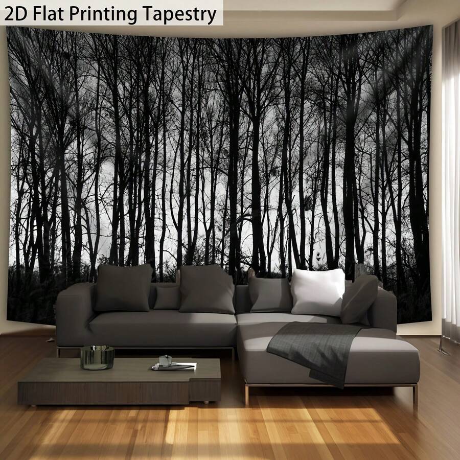 Black and white forest tapestry with bare tree silhouettes