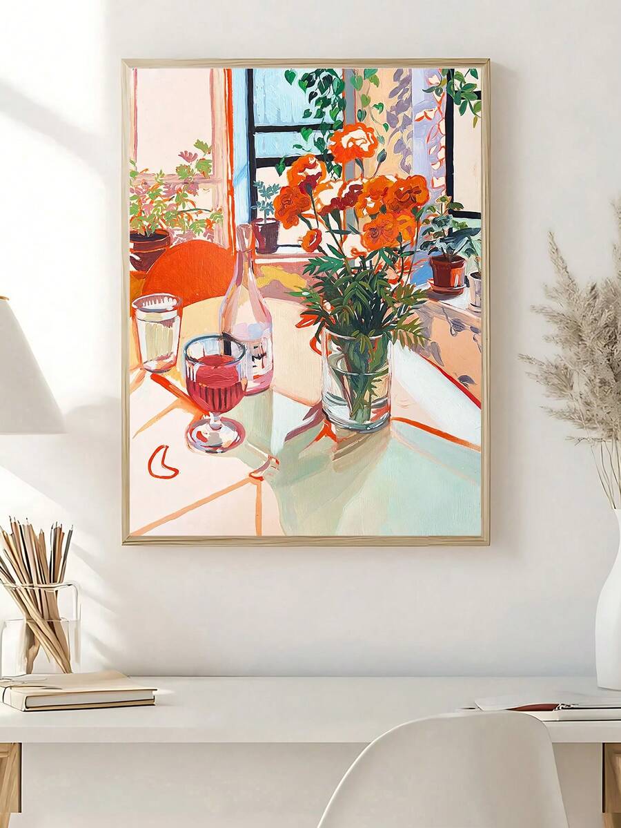 Orange floral wall art shown in slim light wood frame