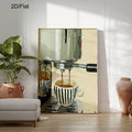 Large espresso canvas poster leaning behind a sofa among leafy plants and terracotta pottery