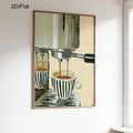 Vertical framed espresso machine poster on a plain white wall beside a bright window