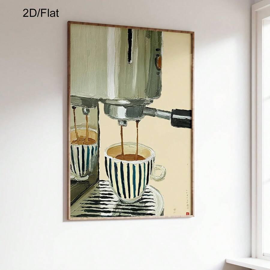 Vertical framed espresso machine poster on a plain white wall beside a bright window