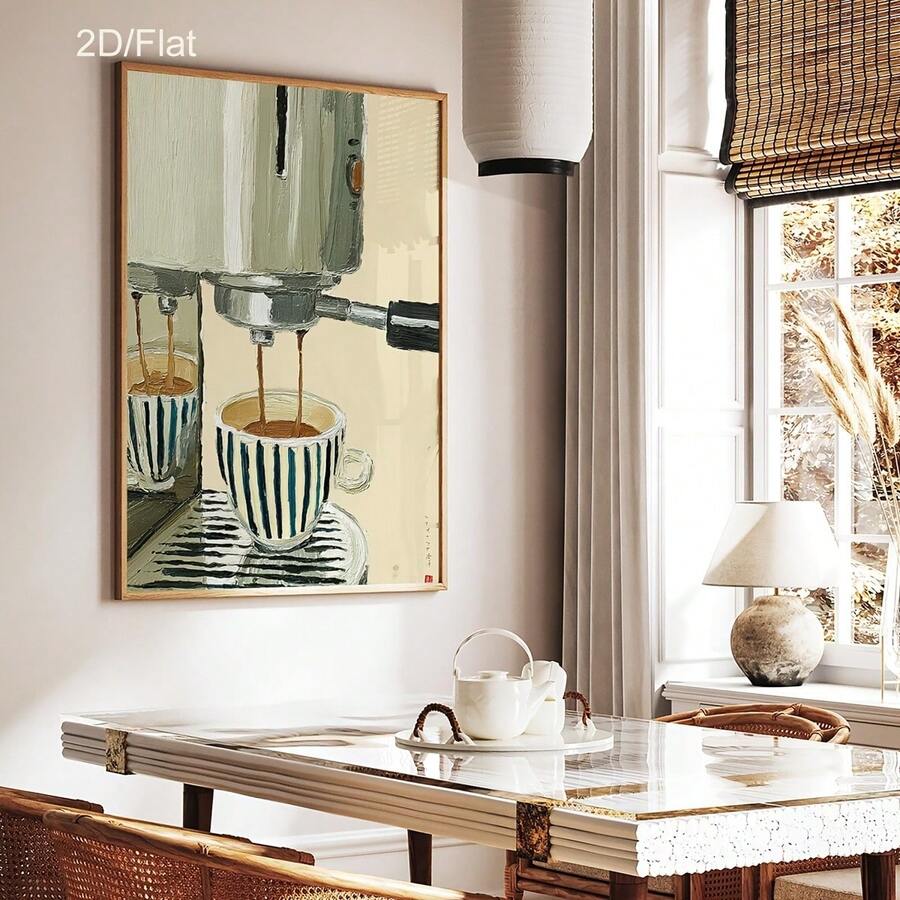 Espresso machine canvas poster above a bright dining table with rattan chairs and a woven window blind
