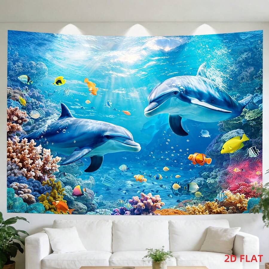 Vibrant dolphin tapestry with coral reef tropical fish and blue ocean sun rays