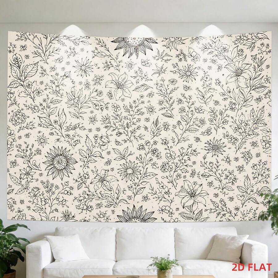 Black and cream botanical line art tapestry with sunflowers leaves and wildflowers