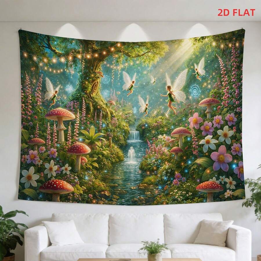 Fairyland mushroom tapestry above white sofa with stream waterfall and fairies
