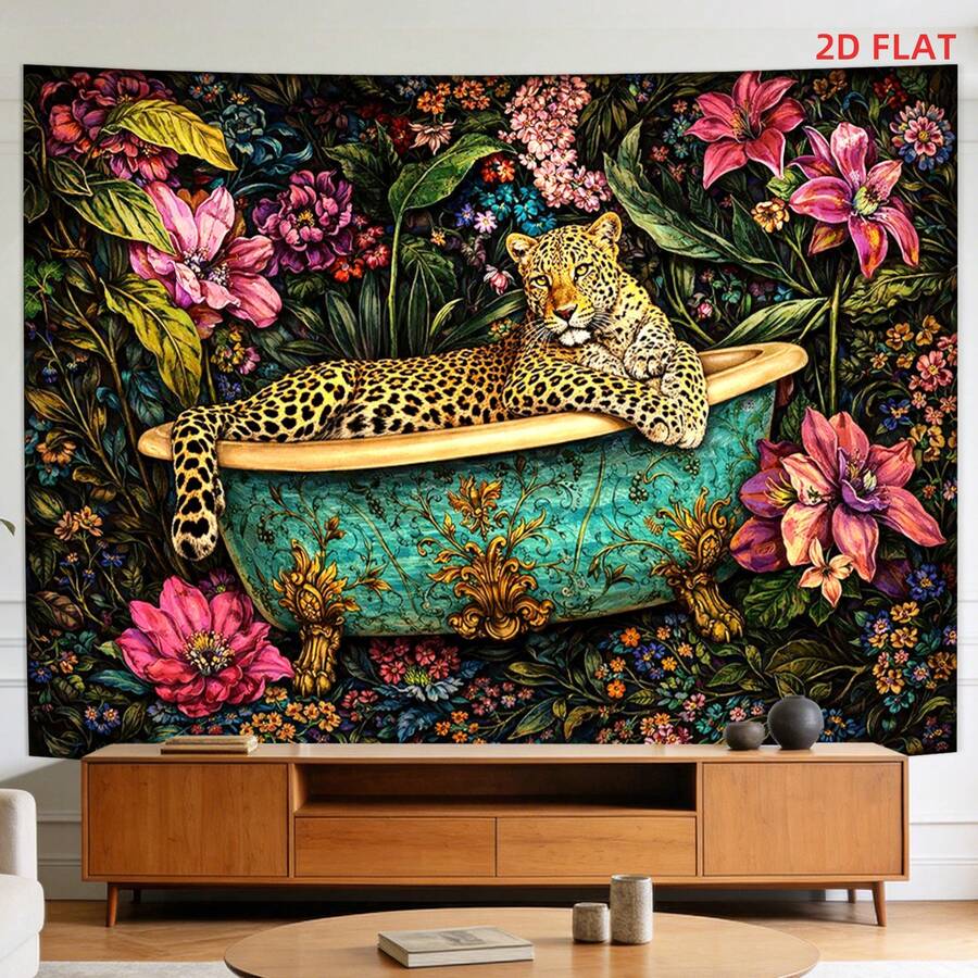 Leopard tapestry with turquoise bathtub tropical flowers and dark jungle leaves