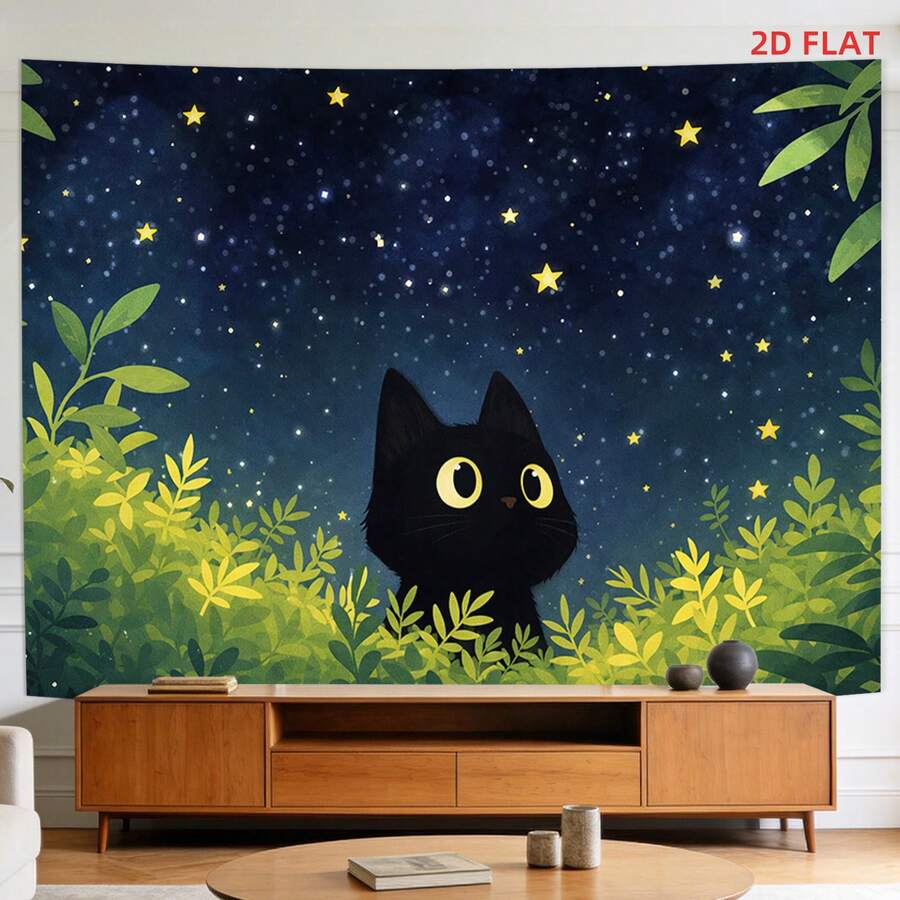 Black cat tapestry with yellow eyes in green foliage under starry night sky