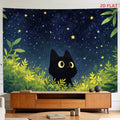 Black cat tapestry with yellow eyes in green foliage under starry night sky
