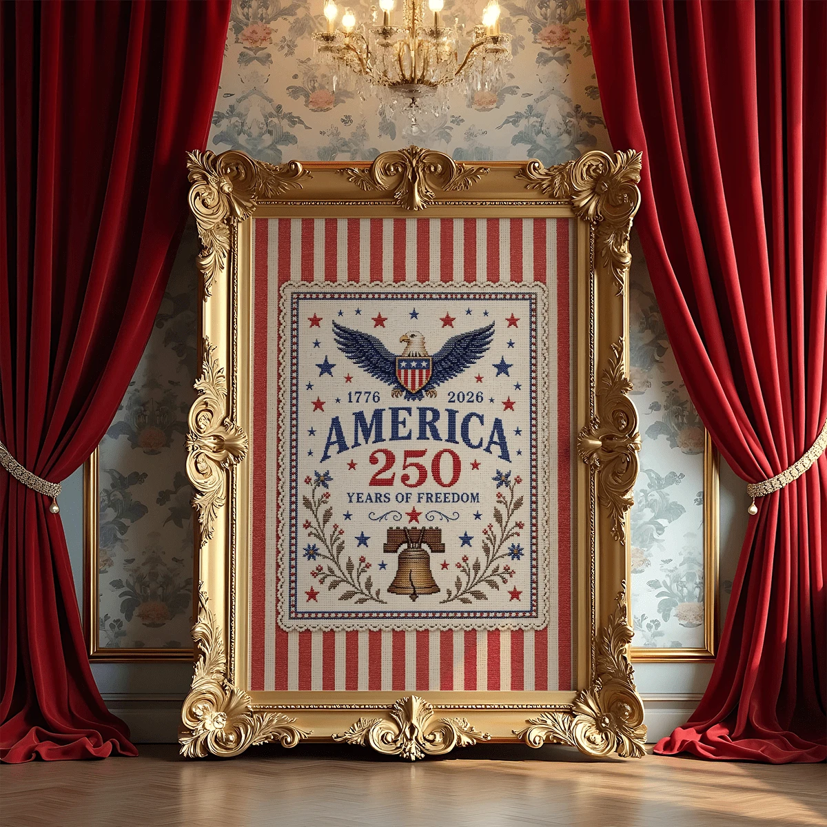 Framed America 250 years of freedom artwork in an ornate gold setting