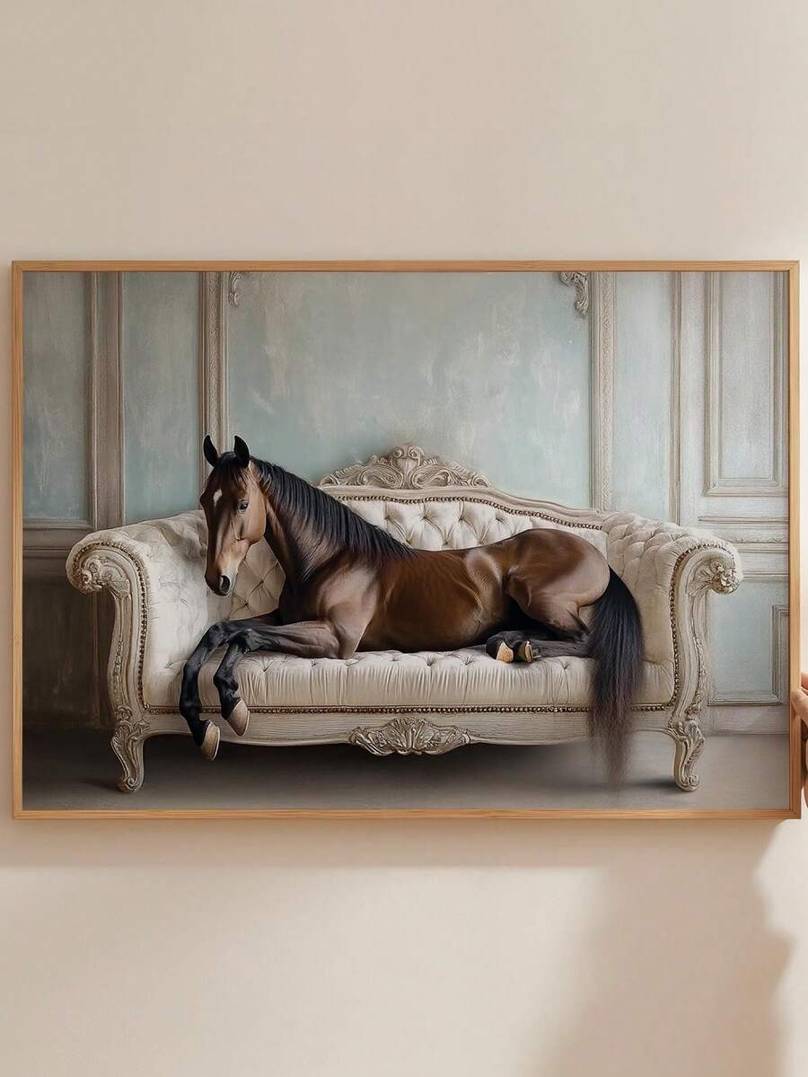 Horse wall art close-up with brown horse lying on ornate cream sofa in surreal classic room