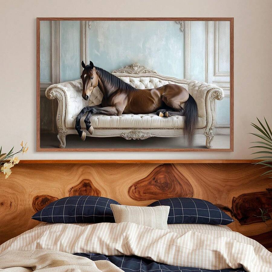 Horse wall art close-up with brown horse lying on ornate cream sofa in surreal classic room
