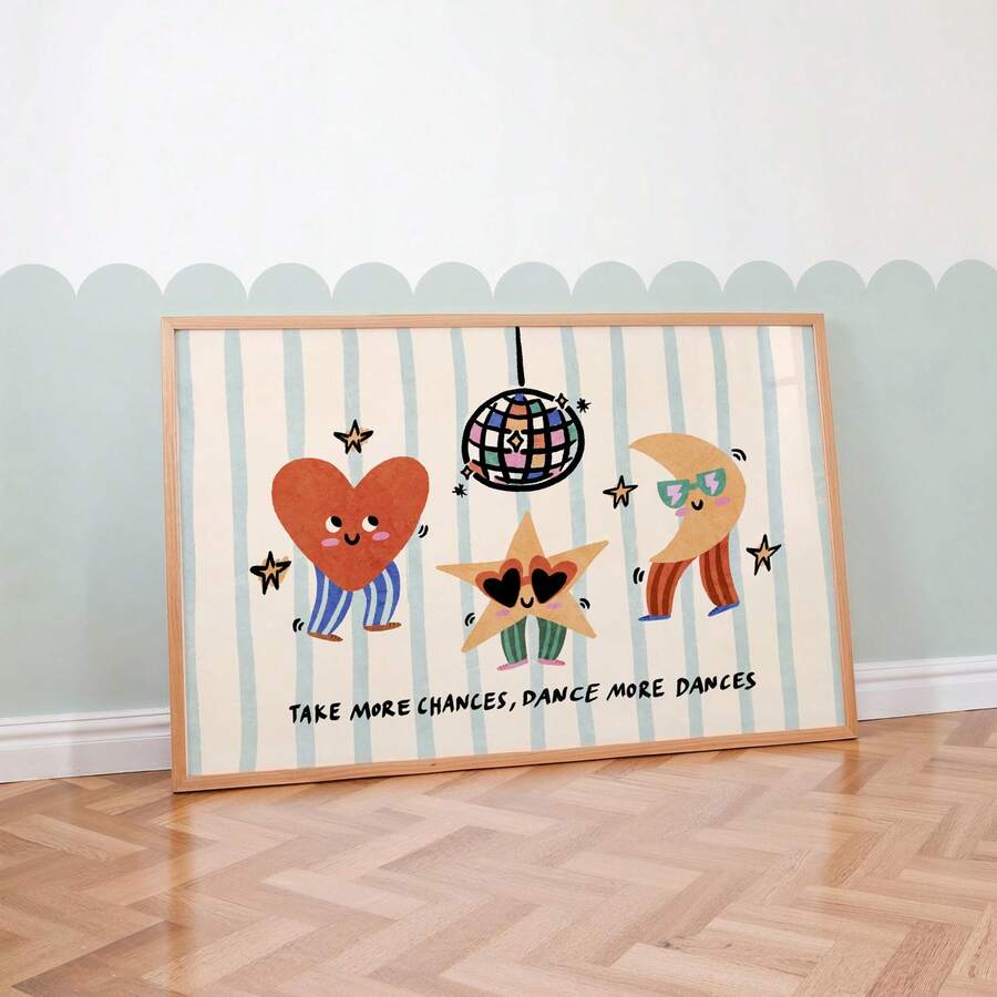 Playful framed nursery print with heart star moon and dance quote against blue wall