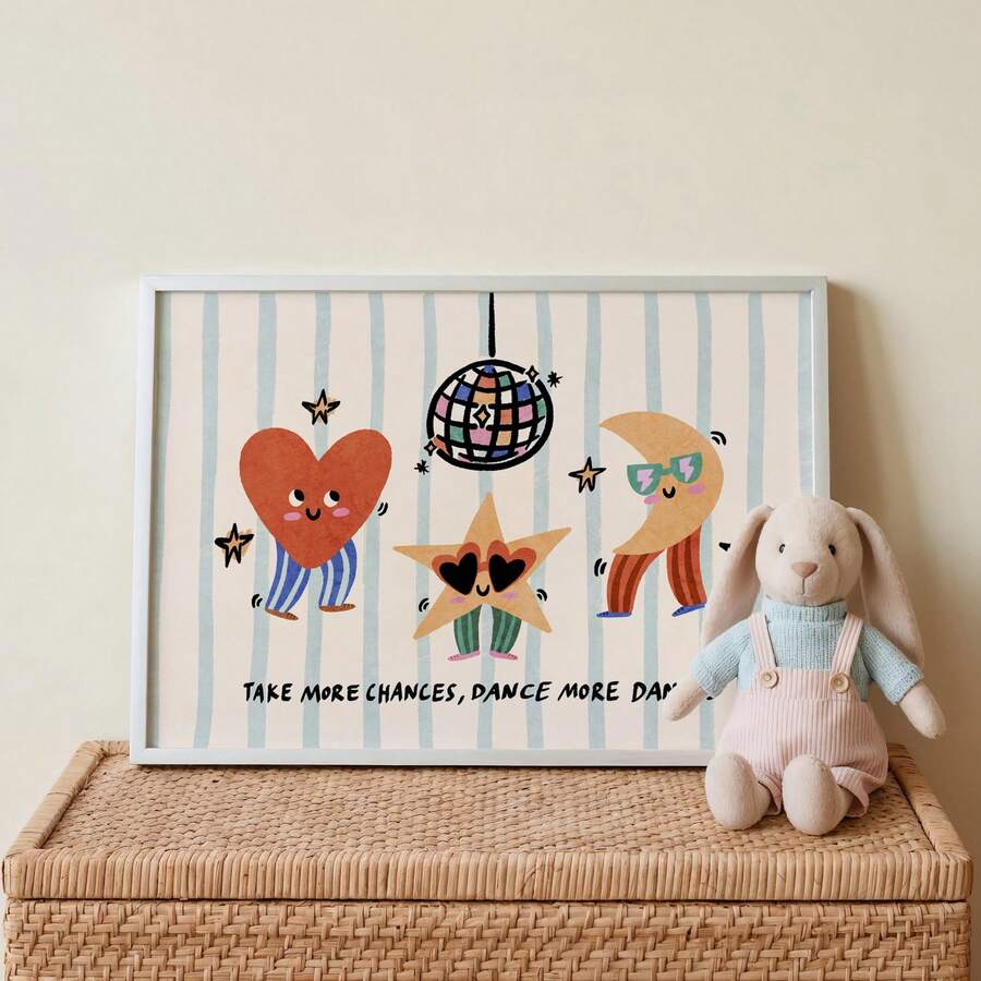 Framed kids dance quote print on woven chest with plush bunny
