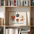 Framed kids motivational dance print displayed inside wooden bookshelf