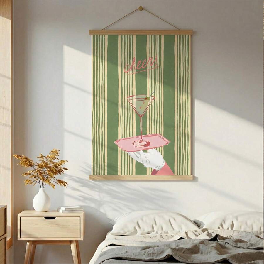 Retro martini glass cocktail poster with pink tray white glove and olive garnish