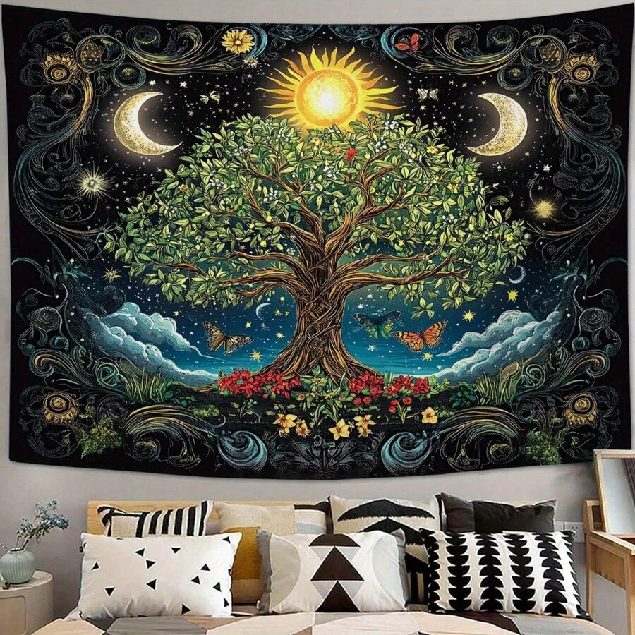 Bohemian tree wall hanging displayed above sofa with black backdrop and ornate border