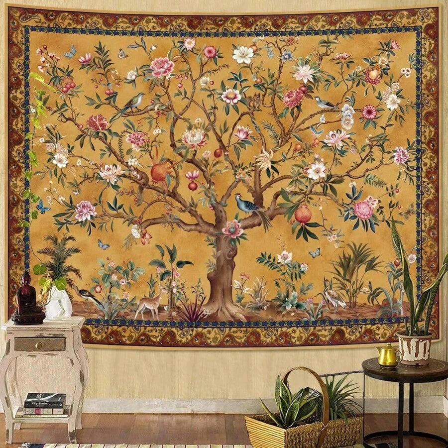 Vintage tree of life tapestry with birds butterflies deer and mustard gold border