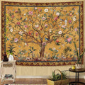 Vintage tree of life tapestry with birds butterflies deer and mustard gold border