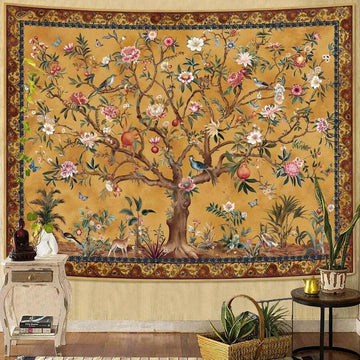 Vintage tree of life tapestry with birds butterflies deer and mustard gold border