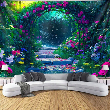 Fantasy garden tapestry with rose arch stone pathway butterflies and waterfall glow