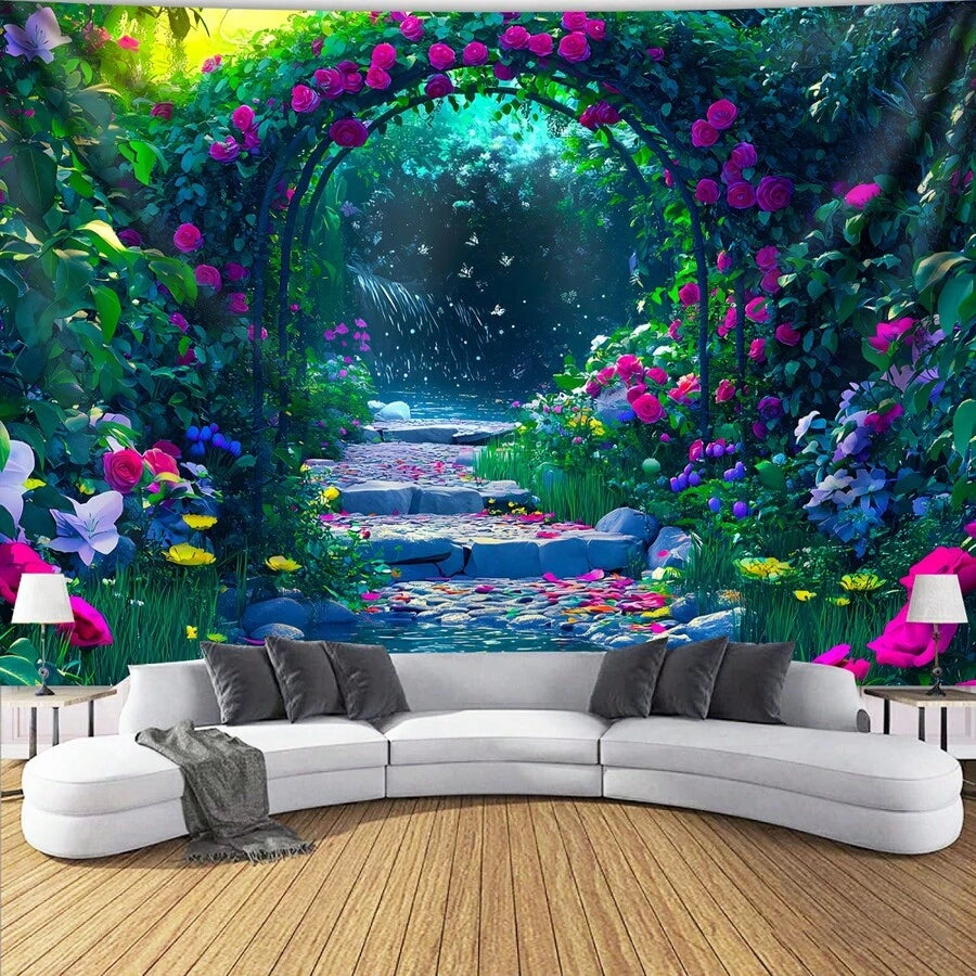 Secret garden wall hanging displayed above sofa as colorful nature decor