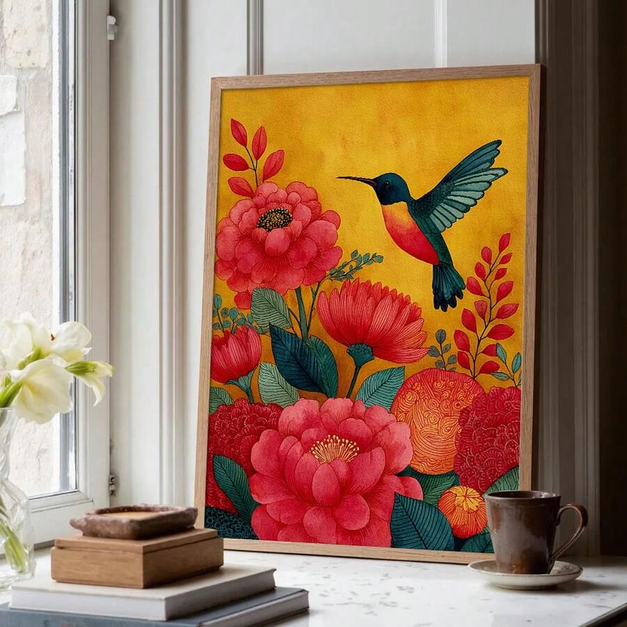 Framed hummingbird and red flower wall art leaning on floor