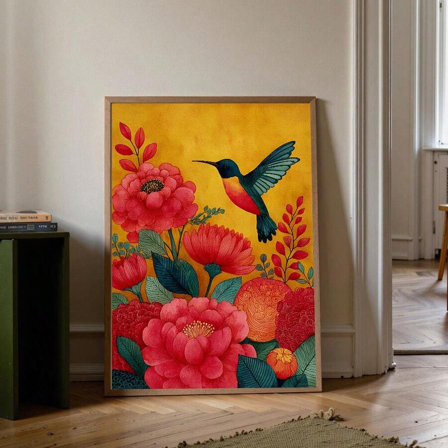 Framed hummingbird and red flower wall art leaning on floor