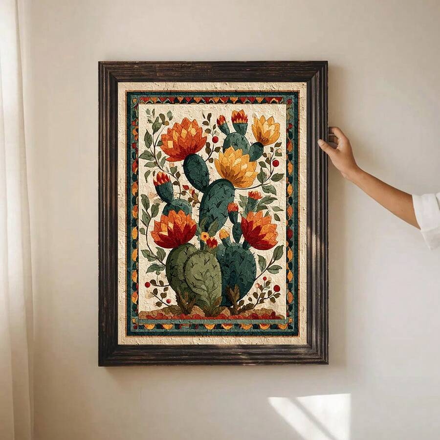 Cactus flower Southwest wall art in natural frame