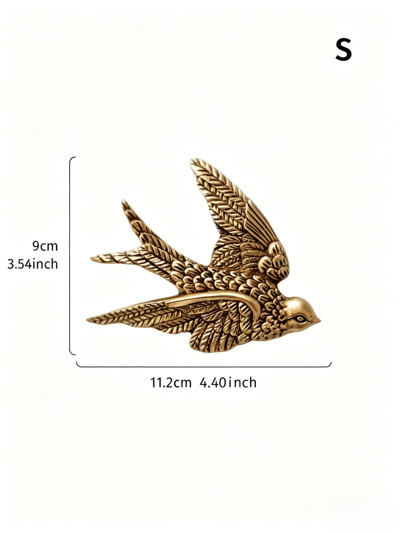 Size graphic showing S gold bird decor about 11.2 cm wide and 9 cm high.