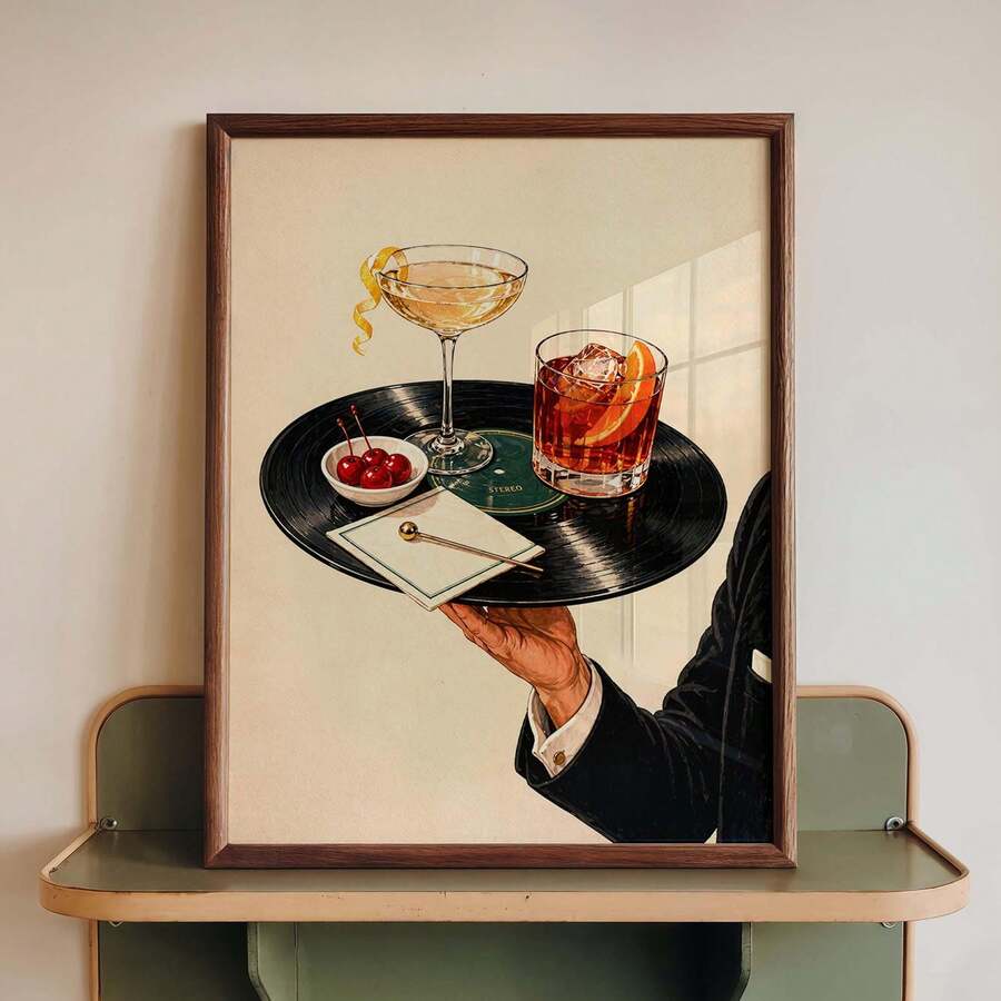 Home bar decor with STEREO record label